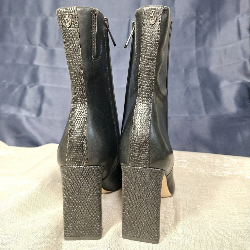 Sam Edelman 7 M Anika Black Leather High Heeled Ankle Boots Logo & Croc Emboss